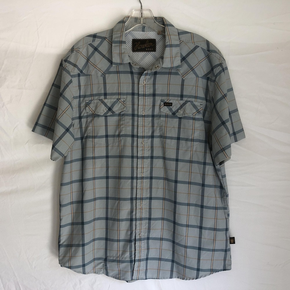 Howler Bros Shirt Mens Medium Blue Plaid Nylon Short Sleeve Snap Front Vented